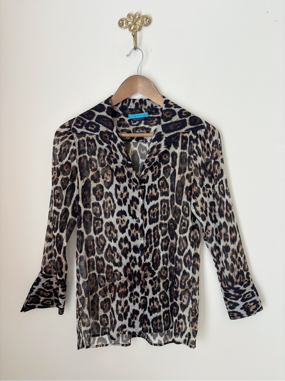 Alice + Olivia Sheer Leopard Print Silk French Cuff Shirt Small